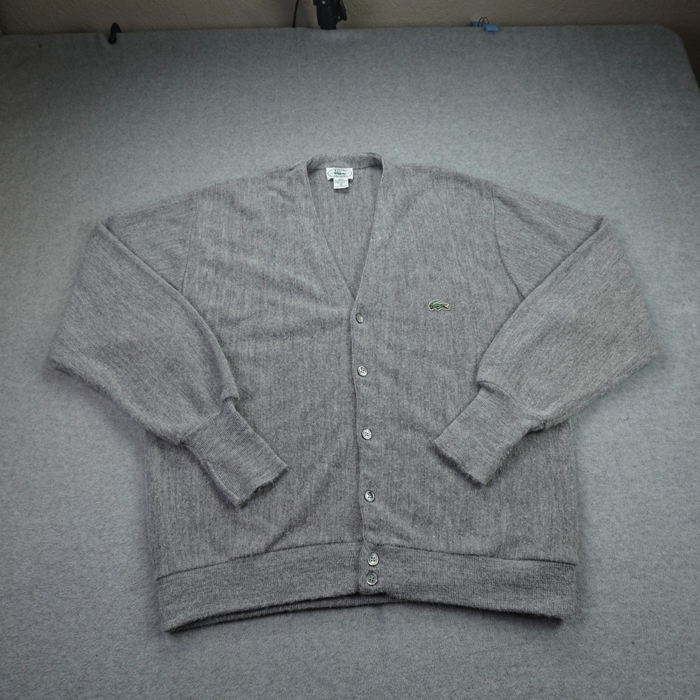 Vintage Izod Lacoste Cardigan Mens Large Gray 80s Orlon Acrylic Sweater USA